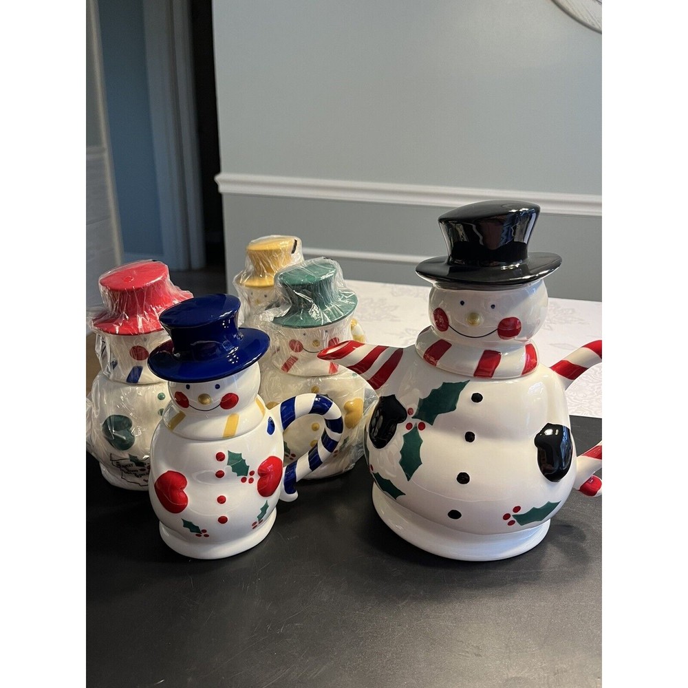 Temptations 5-Piece Snowman Entertaining Tea Set NIB. 48oz Teapot & 4 12oz Mugs